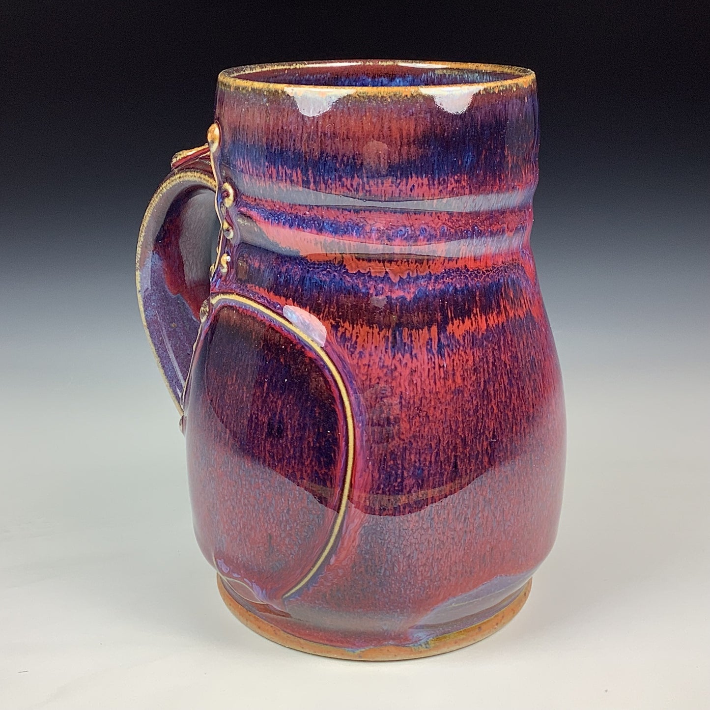 Handmade Stoneware Coffee Mug: Red Purple Glaze, Slip-Dotted Bamboo - Mug 3974