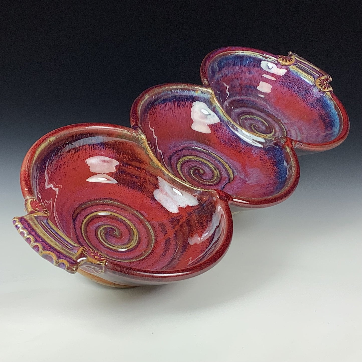 Handmade Ceramic Stoneware Pottery Serving Bowl or Centerpiece - Red Glaze Tri-Bowl with Handles