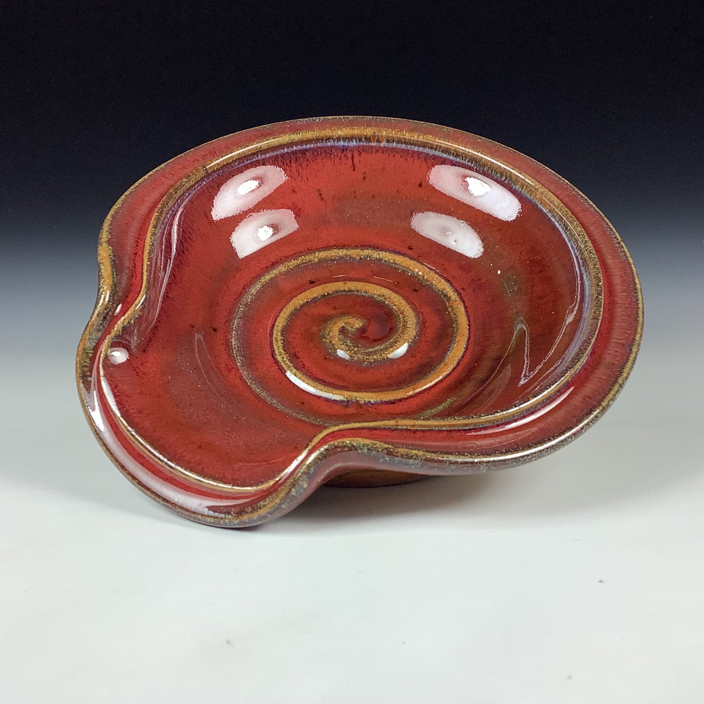 Handmade Ceramic Spoon Rest: Red Glaze, Spiral