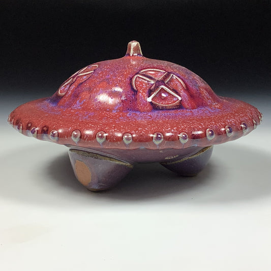 Handmade stoneware art abstract ceramic sculptures pottery decoration UFO - Red wheel thrown enclosed form altered sculpture - item 3822