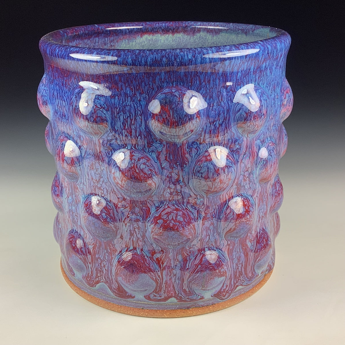 Handmade Stoneware Utensil Holder: Purple Red Glaze Bump Pottery Vase