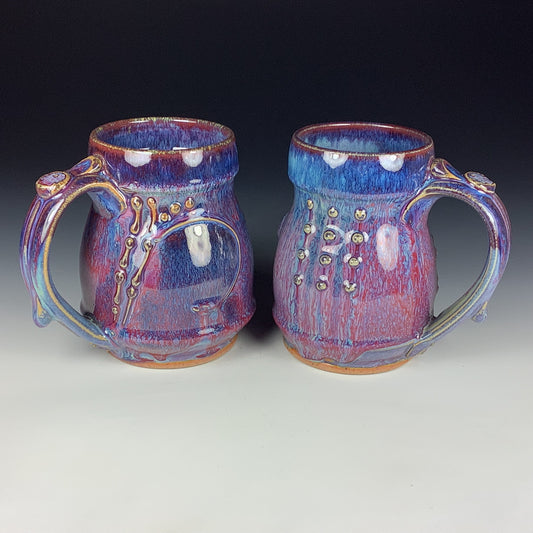 Handmade Ceramic Coffee Mug Set, Purple Red Glaze, Bamboo Slip-Dotted Stoneware, Set of Two - Item 3943