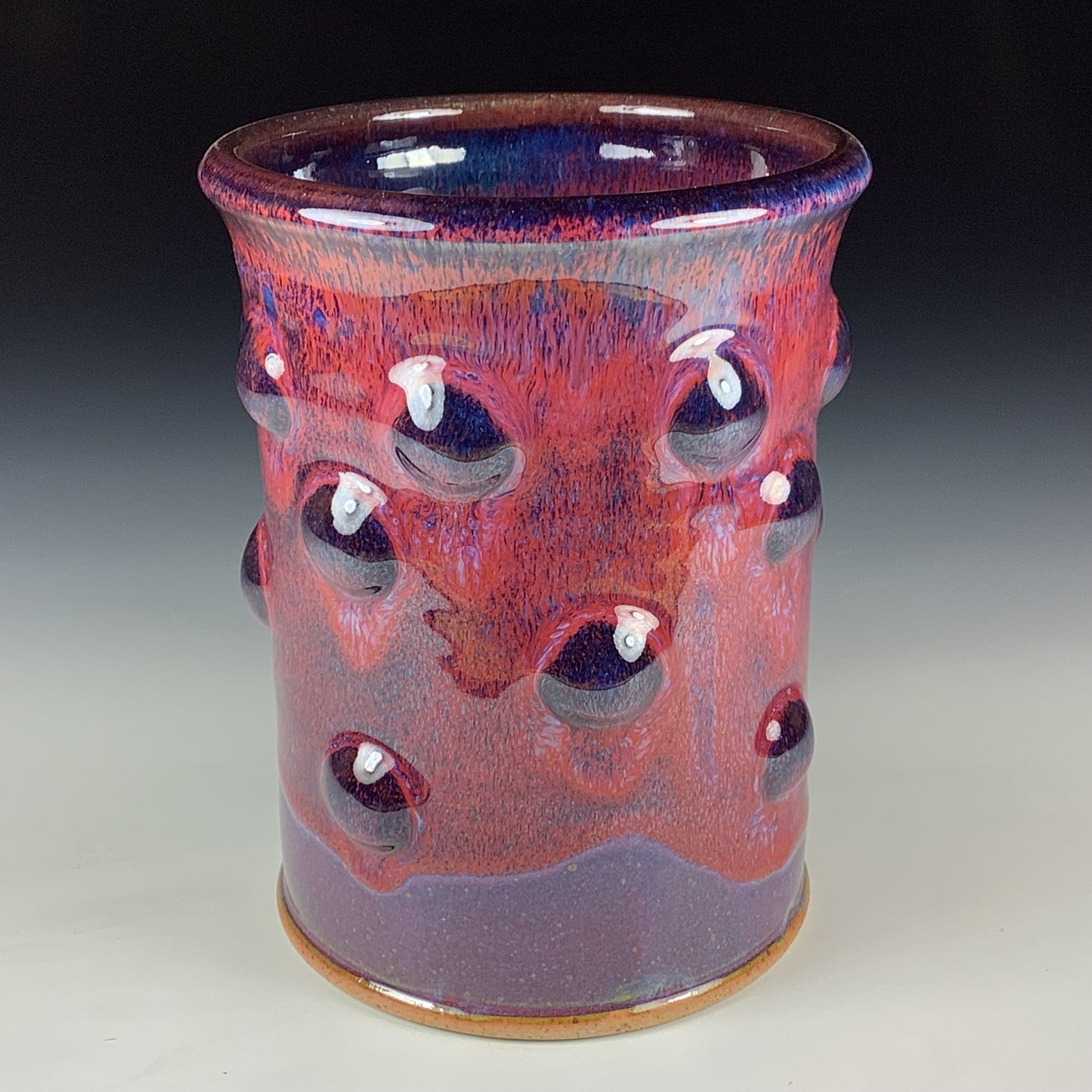 Handmade Stoneware Utensil Holder: Purple Red Glaze Bump Pottery Vase - Item 4100