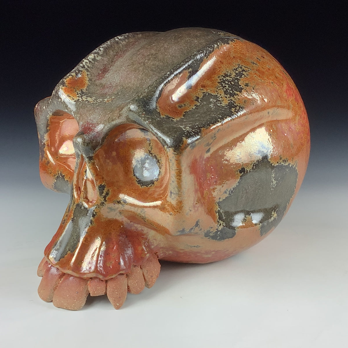 Handmade Shino Orange Ceramic Stoneware Pottery Skull