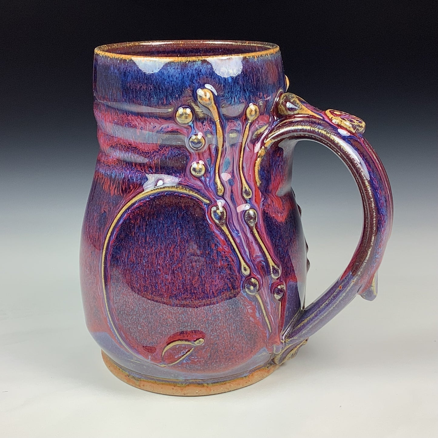Handmade Stoneware Coffee Mug: Red Purple Glaze, Slip-Dotted Bamboo - Mug 3974