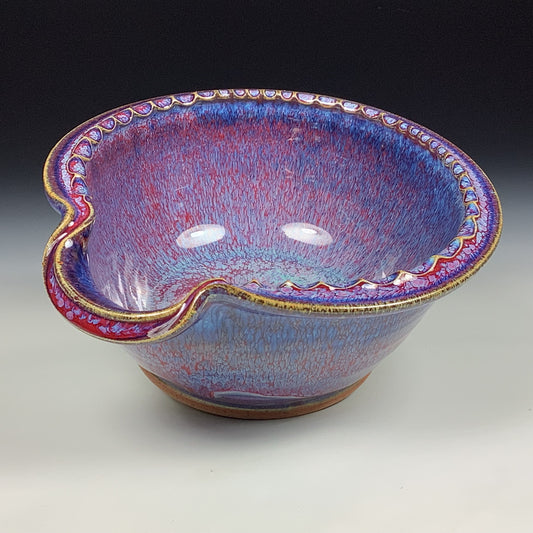 Handmade ceramic deep spoon rest stoneware pottery kitchenware - Purple red dotted rim item 3873
