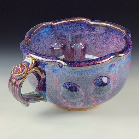 Handmade Ceramic Pottery Bowl with Handle, Red Purple Bump Glaze