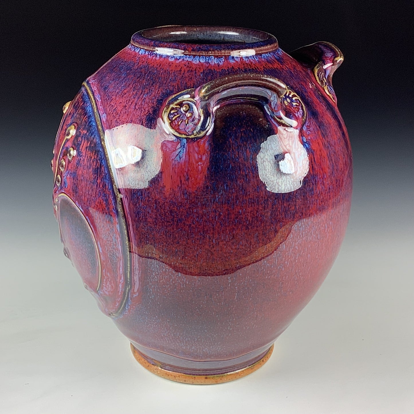 Handmade Stoneware Pottery Slip Trail Bamboo Purple Red Glaze Vase - Item 4092