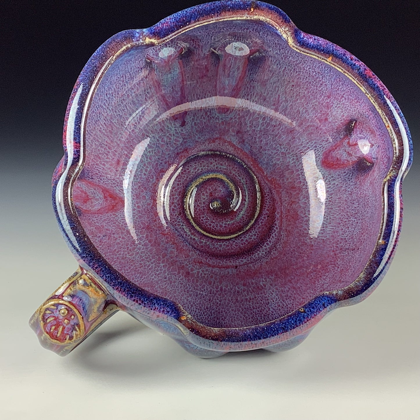 Handmade Ceramic Pottery Bowl with Handle, Red Purple Bump Glaze
