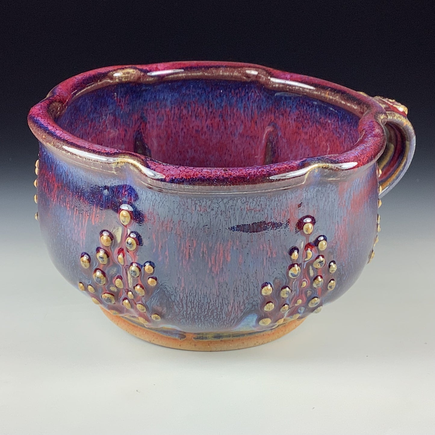 Handmade Ceramic Pottery Bowl with Handle, Slip Dotted Red Purple Glaze