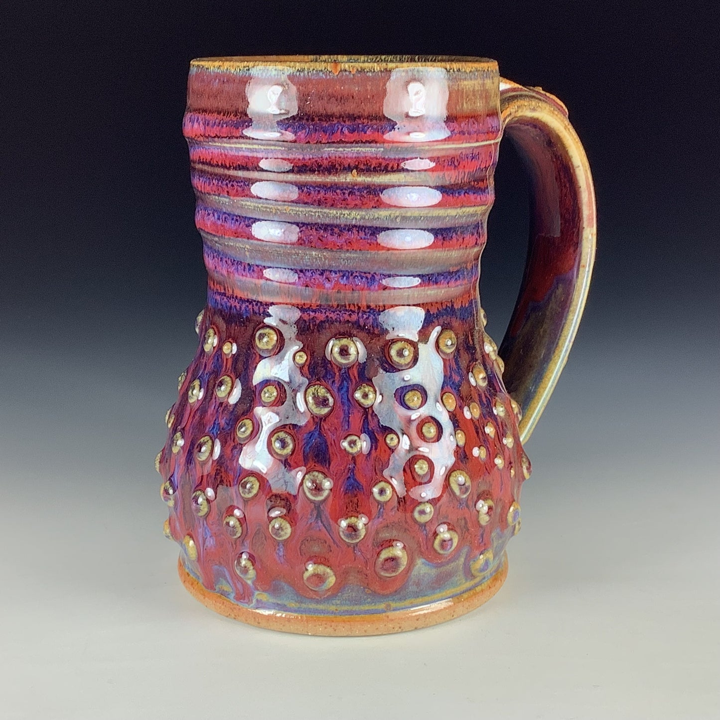 Handmade Stoneware Coffee Mug: Red Purple Glaze, Slip-Dotted