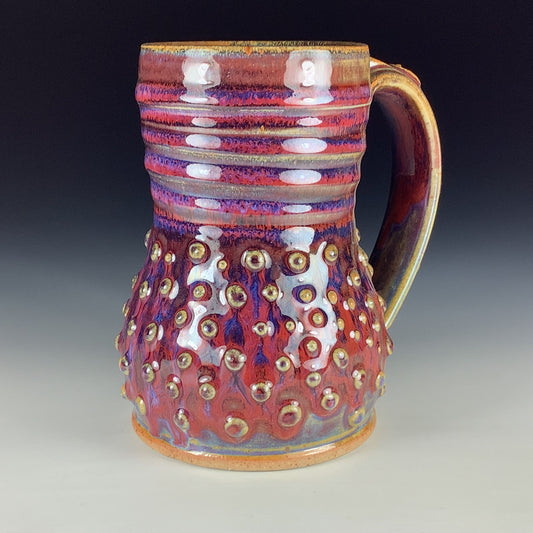 Handmade Stoneware Coffee Mug: Red Purple Glaze, Slip-Dotted