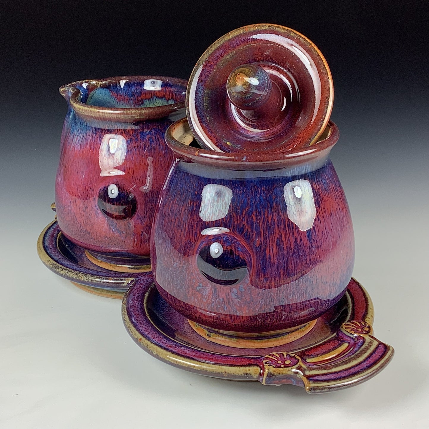 Handmade Stoneware pottery Cream & Sugar Set with Tray, Red Purple Bump Glaze - Item 4067