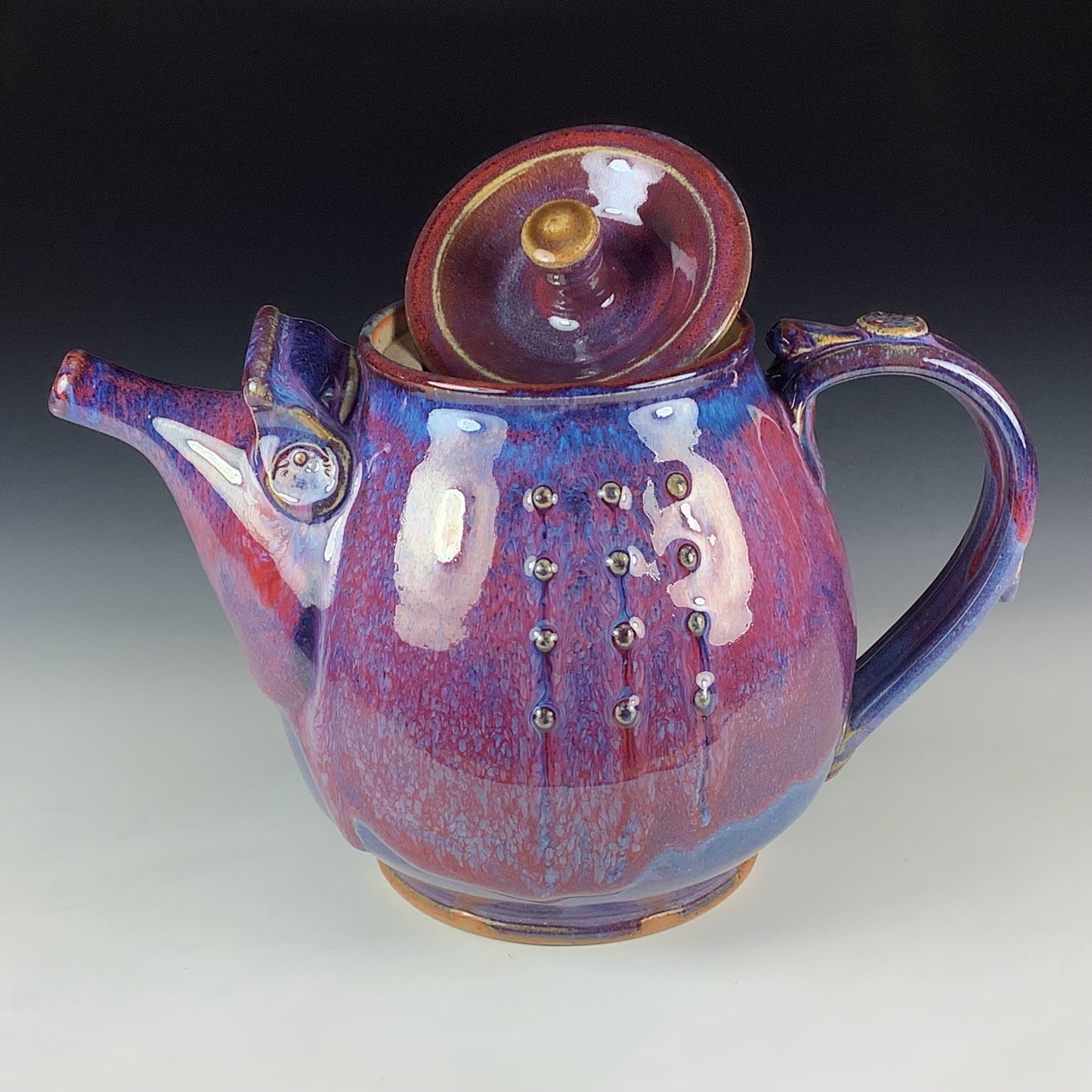 Handmade Ceramic Teapot: Purple Red Glaze, Slip Trailed Dotted Stoneware - Item 4088