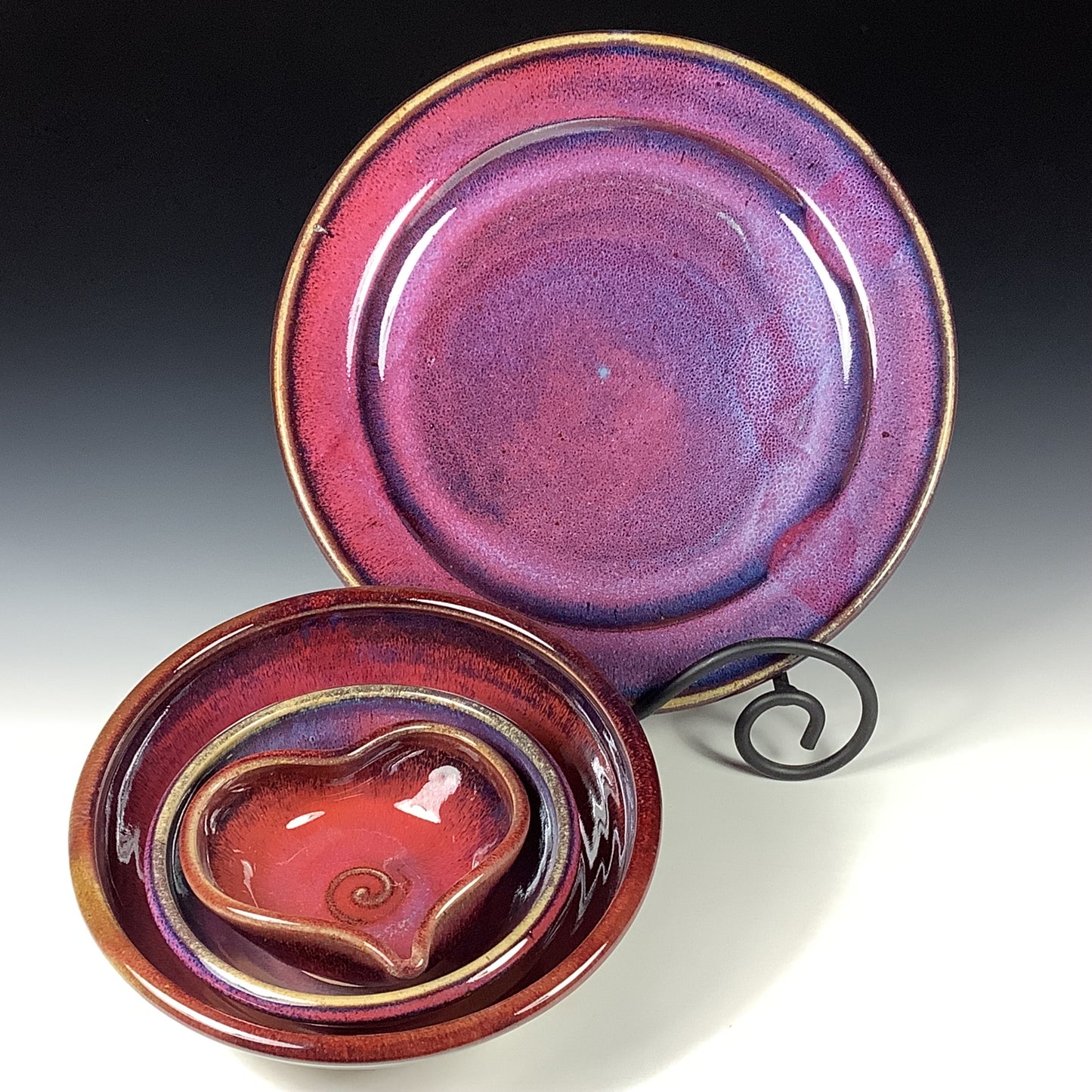Handmade Stoneware Pottery Plate Setting - Purple Red Glaze