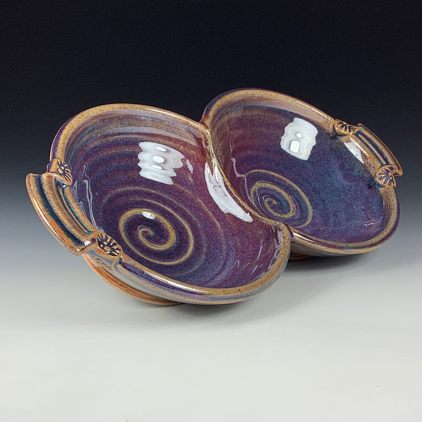Handmade Ceramic Stoneware Pottery Serving Bowl or Centerpiece - Purple Glaze Double Bowl with Handles