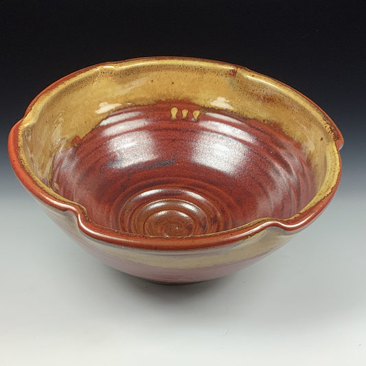 Handmade ceramic artisanal pottery bowls dinnerware stoneware serving bowls centerpiece - iron red with white ash scalloped rim serving bowl 3678