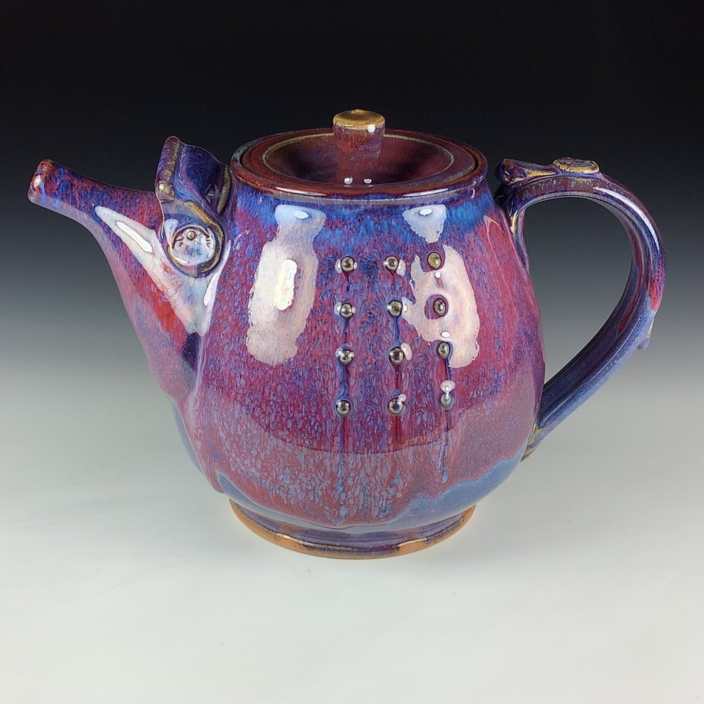 Handmade Ceramic Teapot: Purple Red Glaze, Slip Trailed Dotted Stoneware - Item 4088