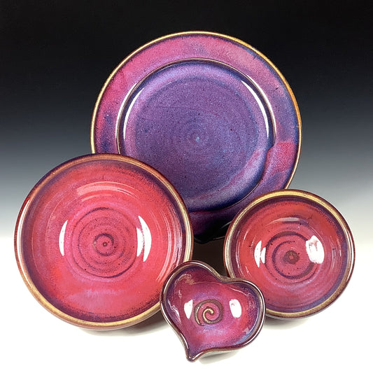 Handmade Stoneware Pottery Plate Setting - Purple Red Glaze