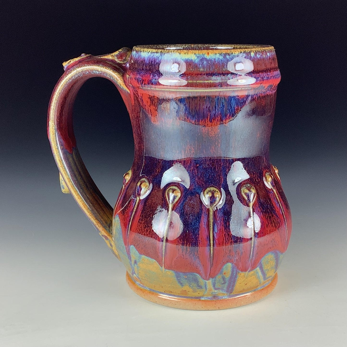 Handmade Stoneware Coffee Mug: Red Purple Glaze, Slip-Dotted