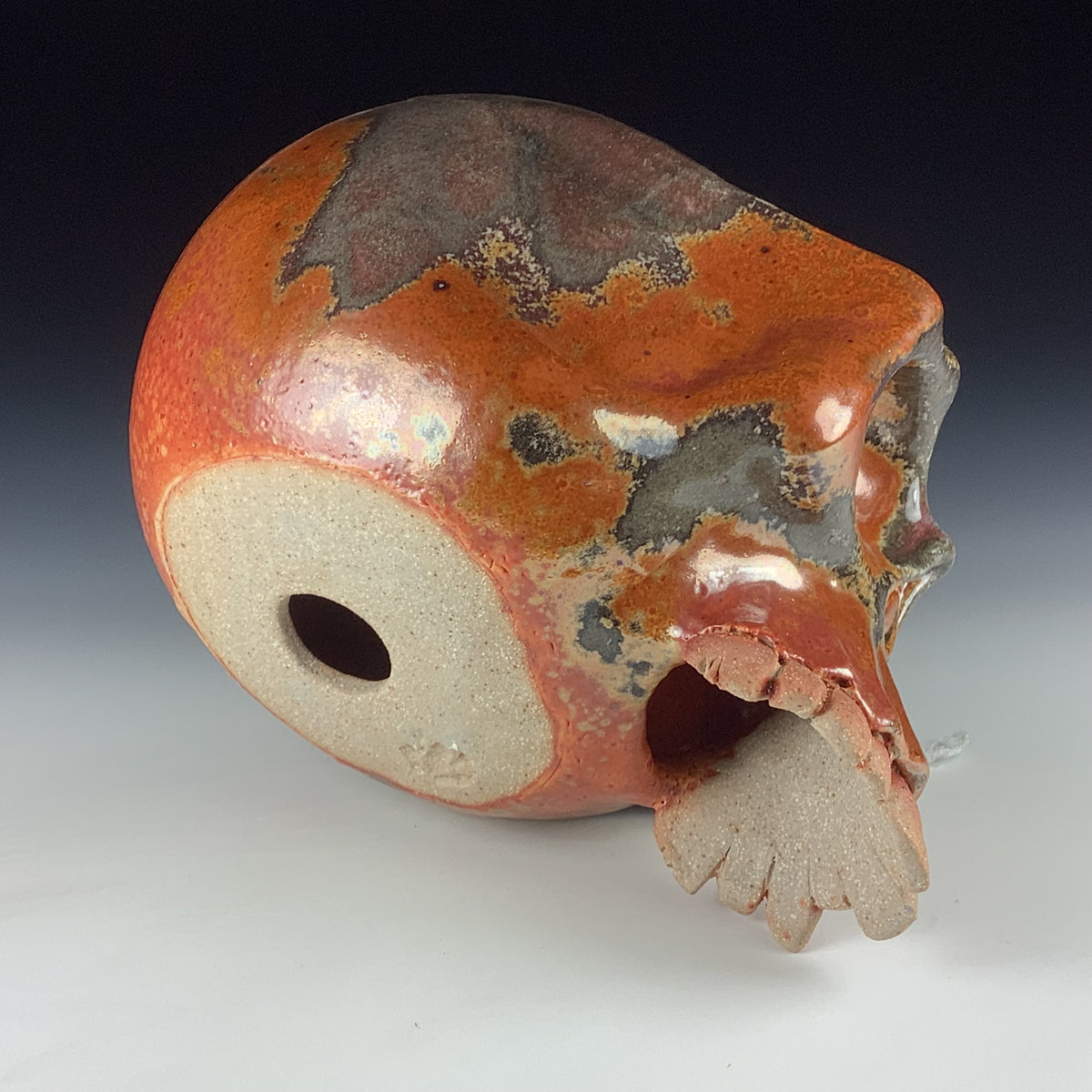 Handmade Shino Orange Ceramic Stoneware Pottery Skull