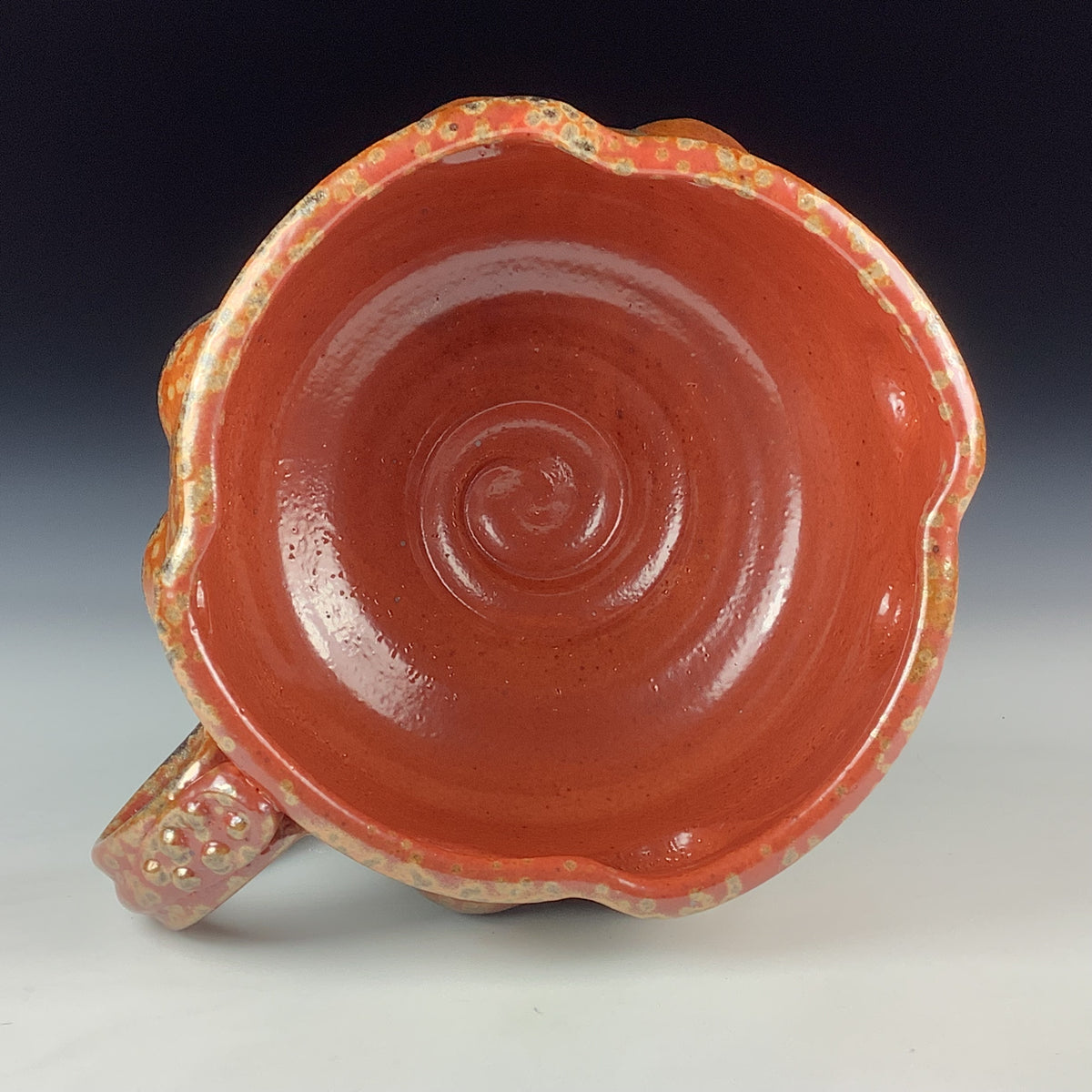 Handmade Ceramic Pottery Bowl with Handle, Orange Shino Bump Glaze