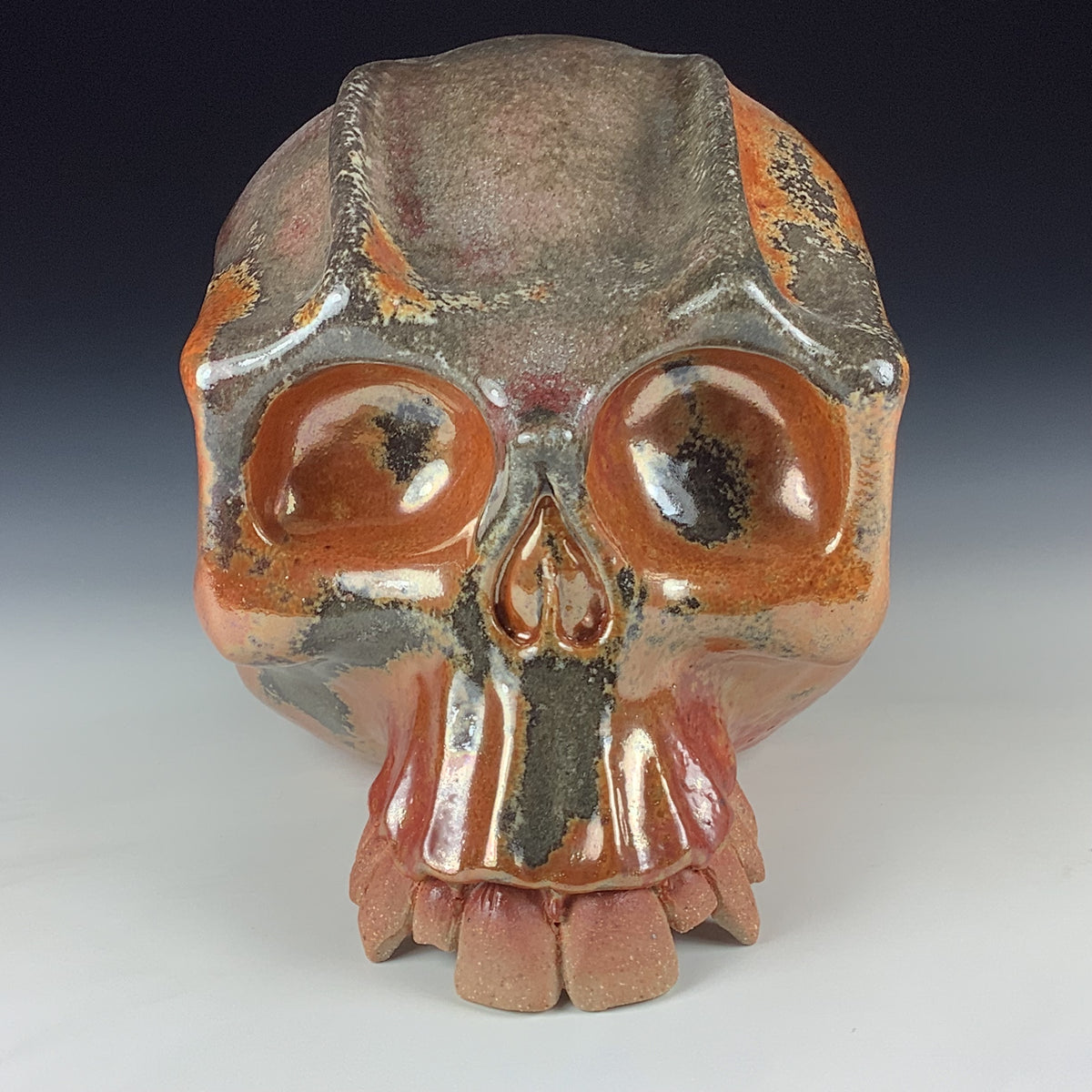Handmade Shino Orange Ceramic Stoneware Pottery Skull