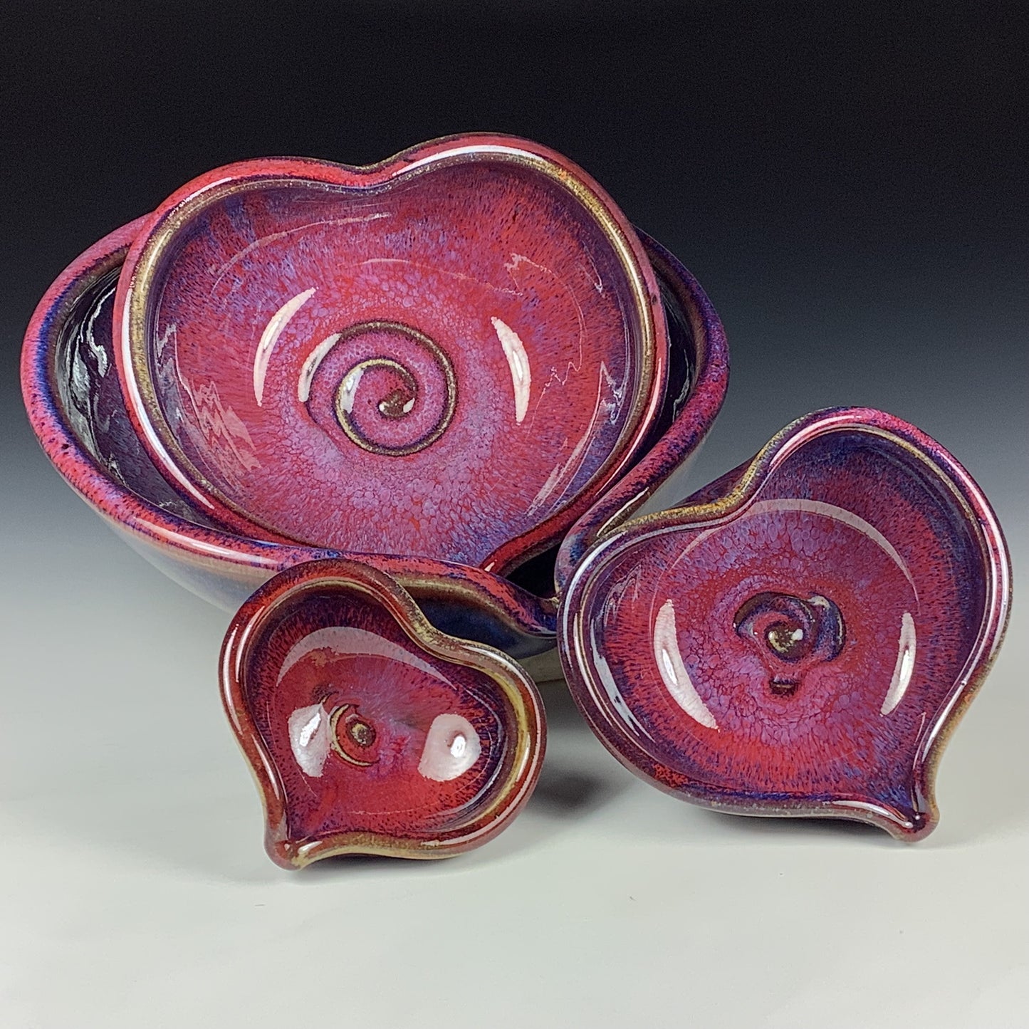 Handmade Ceramic Heart-Shaped Nesting Bowl Set of 4, Red Purple Glaze - Item 4018