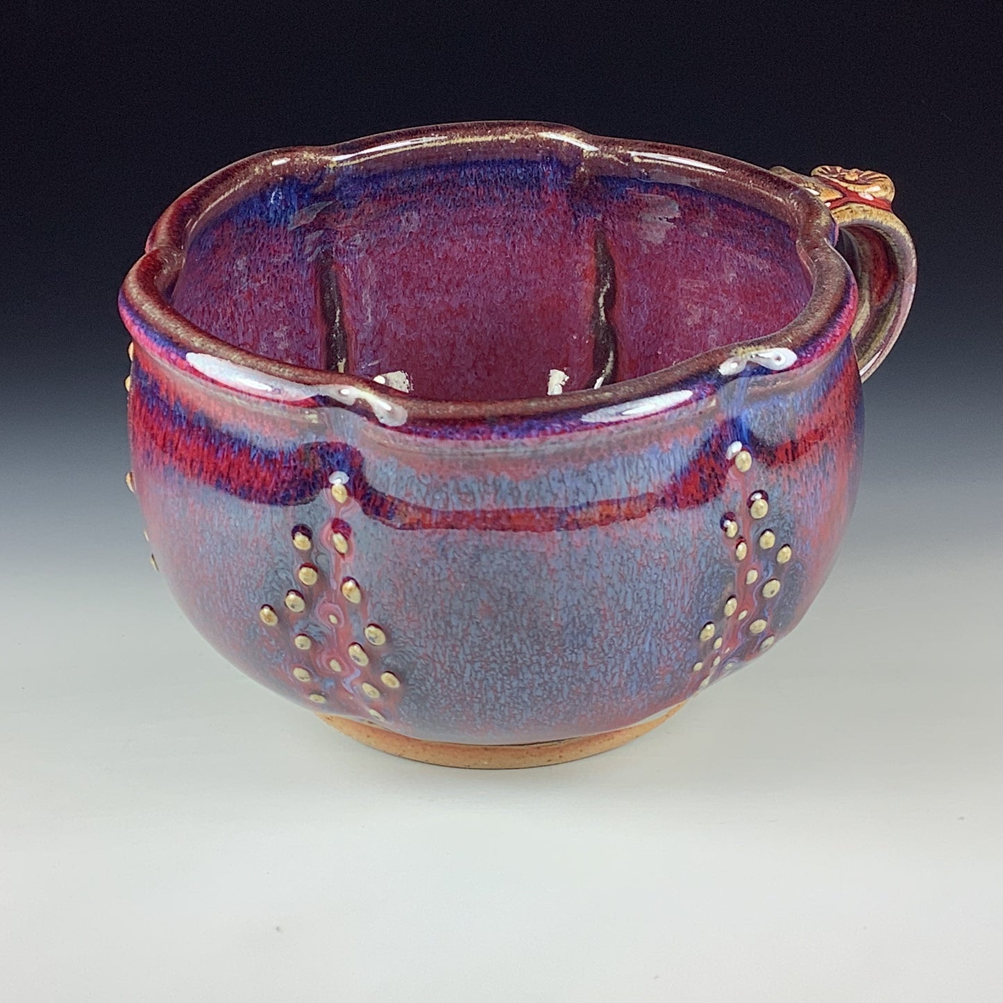 Handmade Ceramic Pottery Bowl with Handle, Slip Dotted Red Purple Glaze