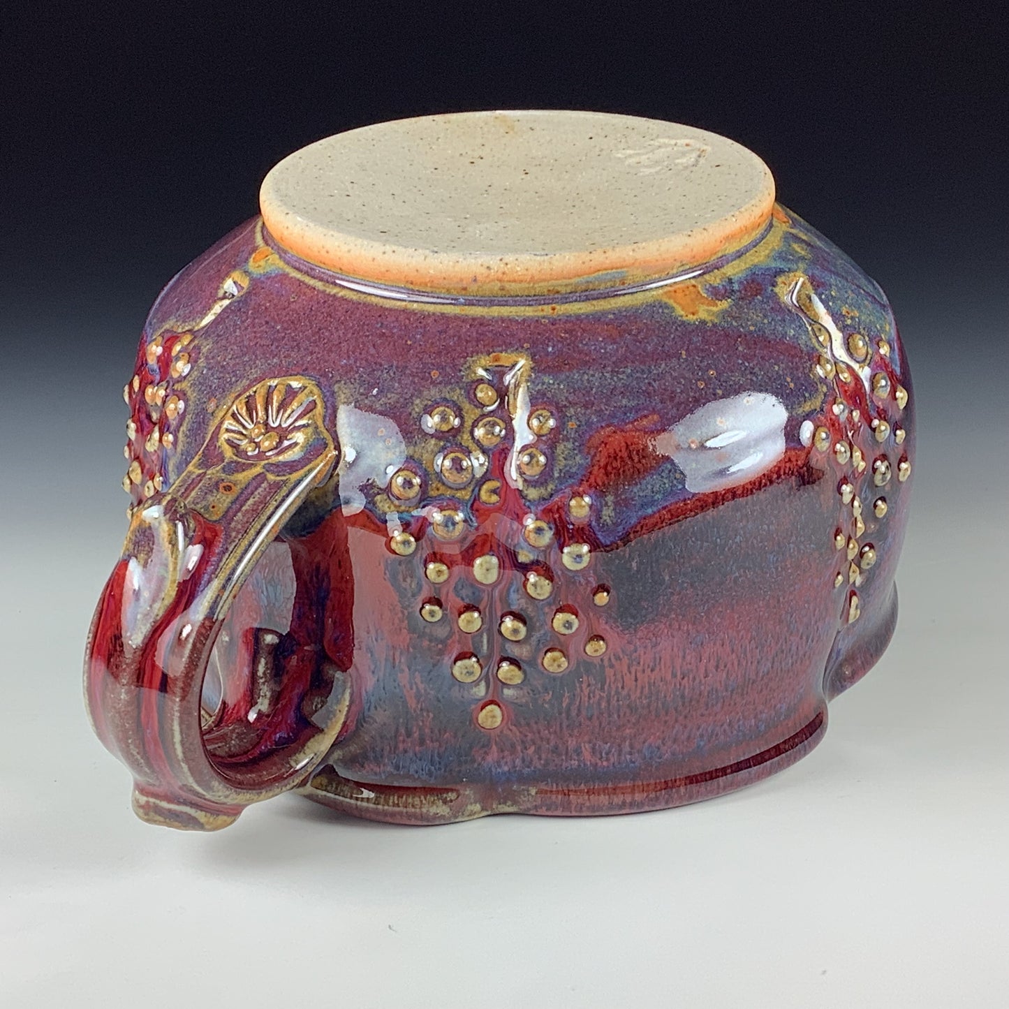 Handmade Ceramic Pottery Bowl with Handle, Slip Dotted Red Purple Glaze