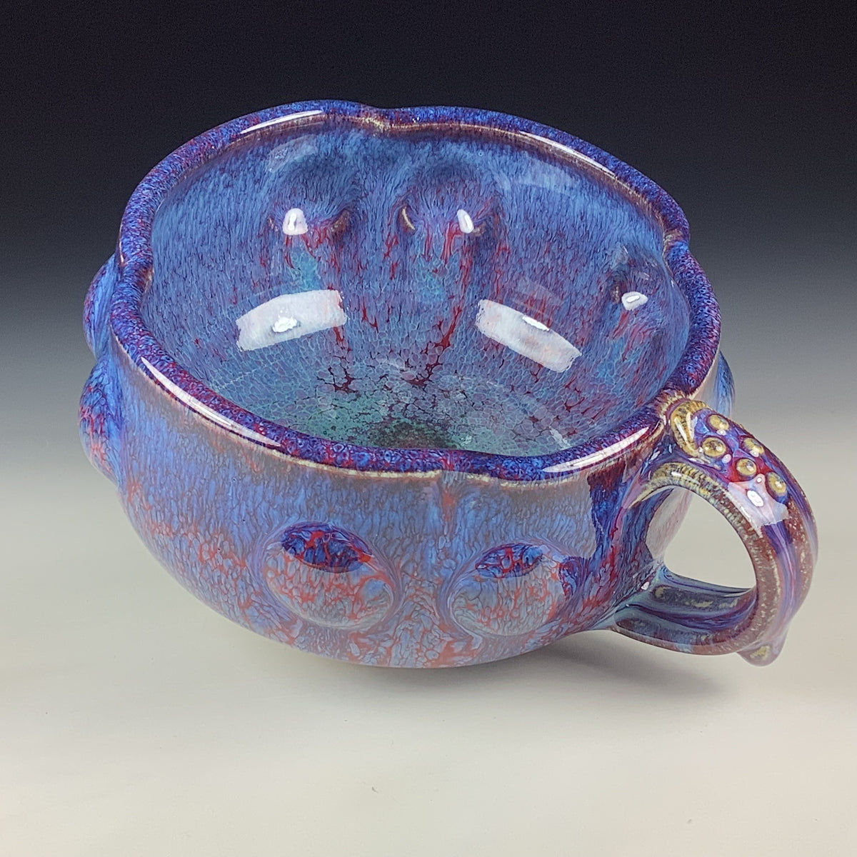 Handmade Ceramic Pottery Bowl with Handle, Red Purple Bump Glaze