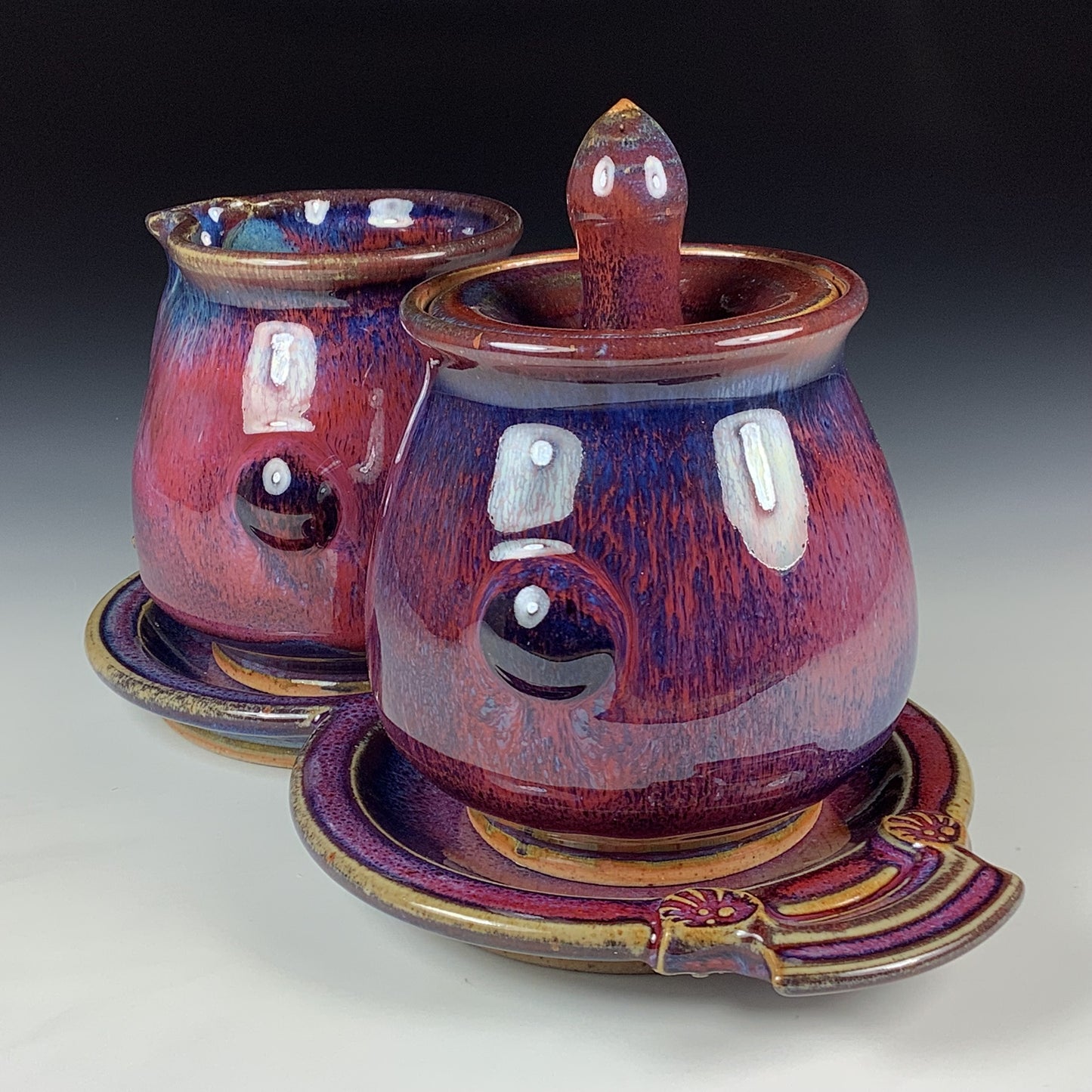 Handmade Stoneware pottery Cream & Sugar Set with Tray, Red Purple Bump Glaze - Item 4067