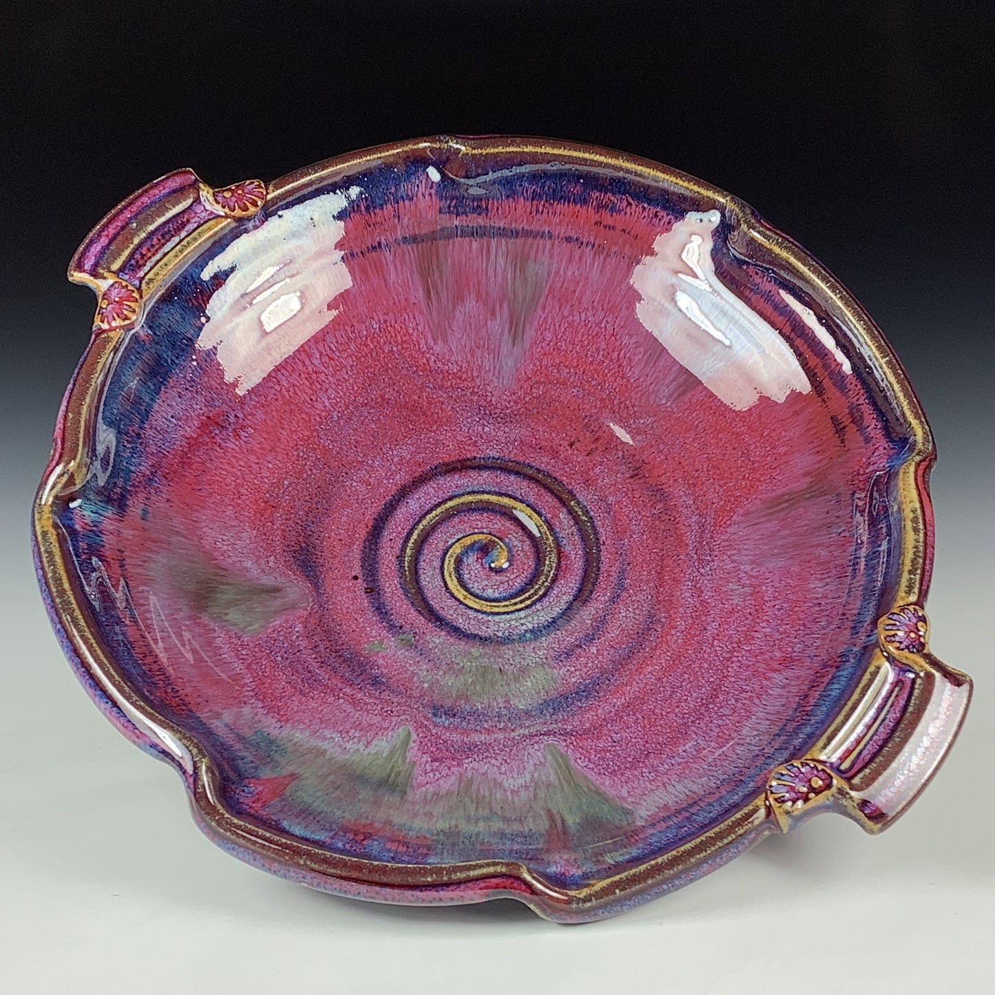Handmade Stoneware Pottery Purple Red Glazed Serving Dish with Handles - Item 4075