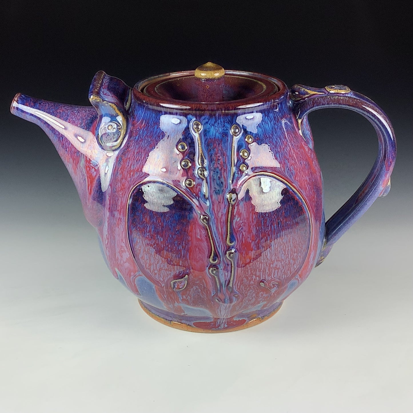 Handmade Ceramic Teapot: Purple Red Glaze, Slip Trailed Bamboo Stoneware - Item 4089