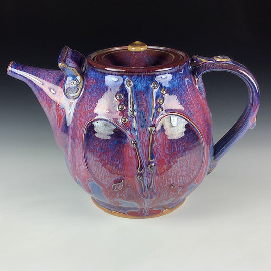 Handmade Ceramic Teapot: Purple Red Glaze, Slip Trailed Bamboo Stoneware - Item 4089