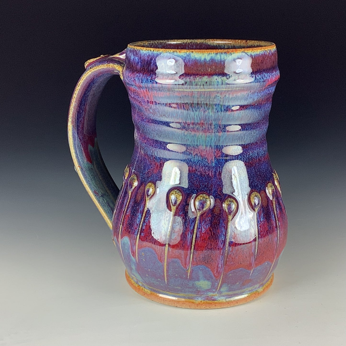 Handmade Stoneware Coffee Mug: Purple Red Glaze, Slip-Dotted