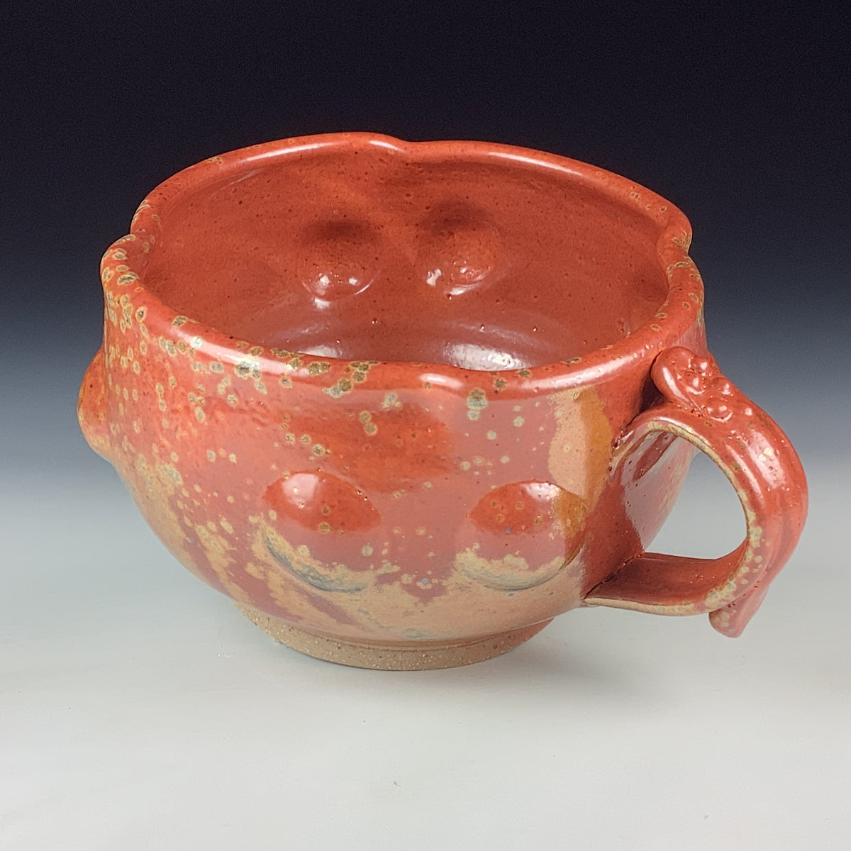 Handmade Ceramic Pottery Bowl with Handle, Orange Shino Bump Glaze