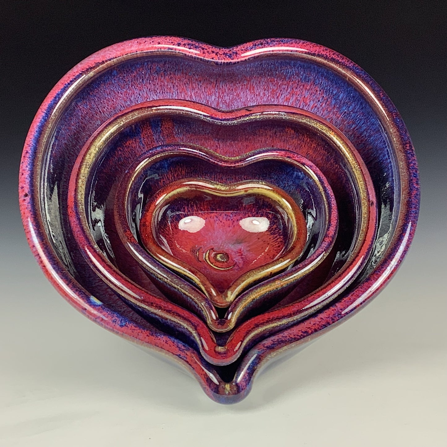 Handmade Ceramic Heart-Shaped Nesting Bowl Set of 4, Red Purple Glaze - Item 4018