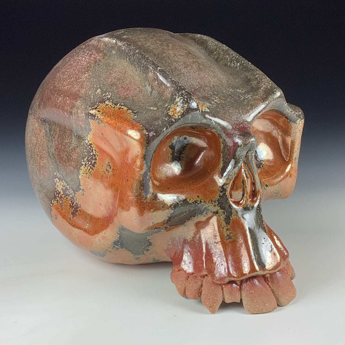 Handmade Shino Orange Ceramic Stoneware Pottery Skull