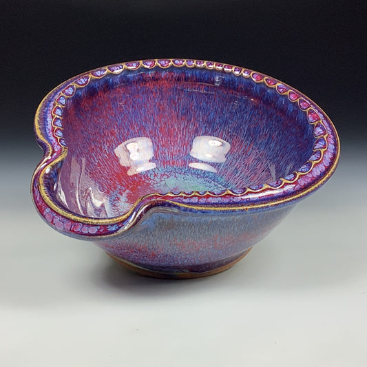 Handmade ceramic deep spoon rest stoneware pottery kitchenware - Purple red dotted rim item 3877