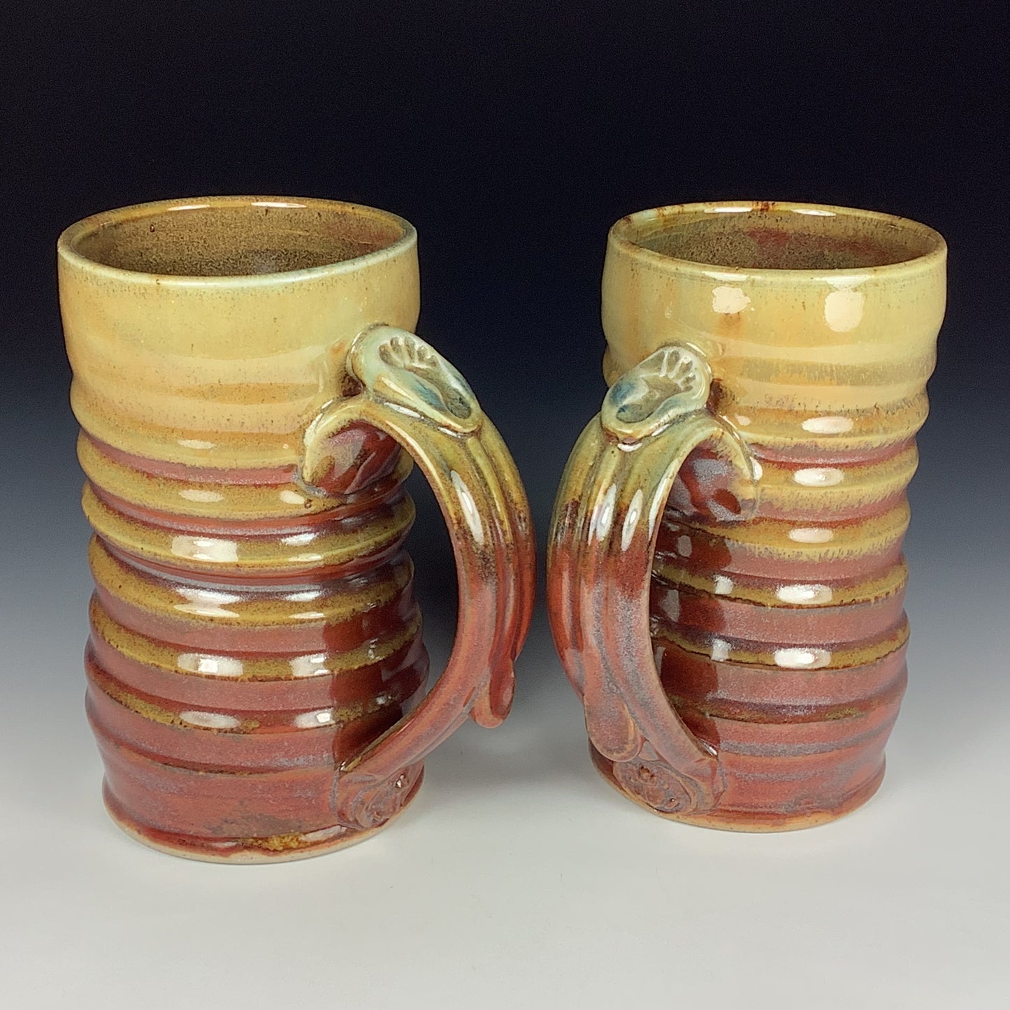 Handmade Wiggle Pottery Coffee Mugs, Iron Red & White Ash Glaze, Set of Two - Item 3939