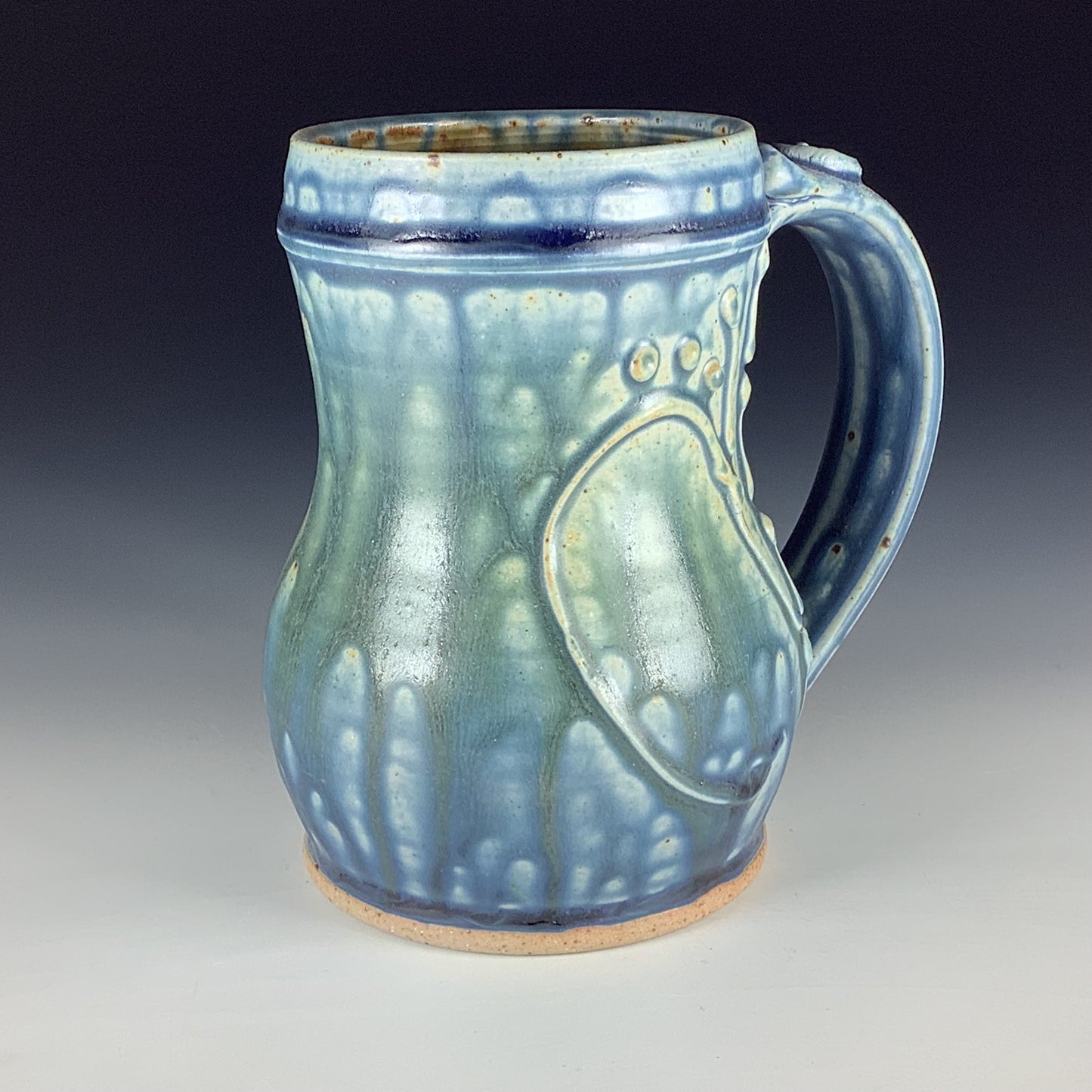 Handmade Stoneware Coffee Mug: Ash Blue Glaze, Slip-Dotted Bamboo