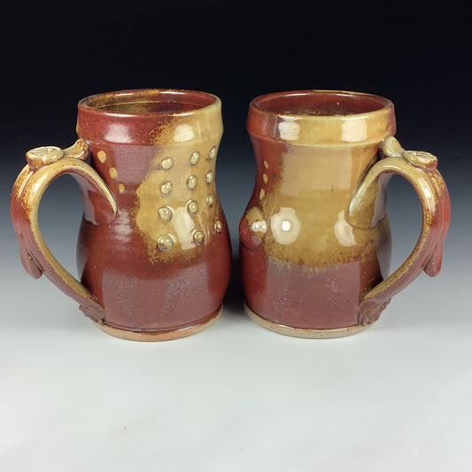Handmade Ceramic Coffee Mug Set, Iron Red with White Ash Glaze, Bamboo Slip-Dotted Stoneware, Set of Two - Item 3945