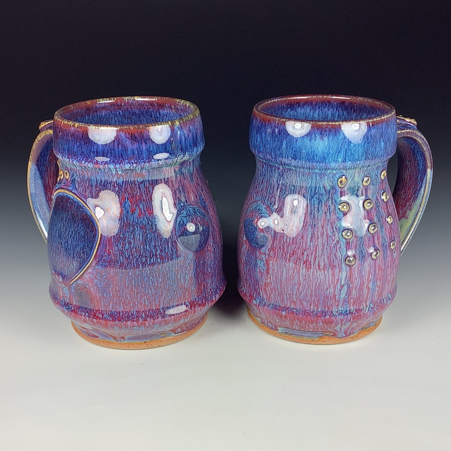 Handmade Ceramic Coffee Mug Set, Purple Red Glaze, Bamboo Slip-Dotted Stoneware, Set of Two - Item 3943