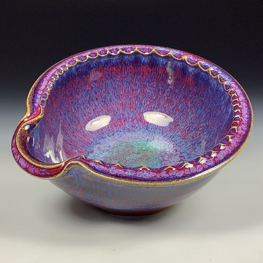 Handmade ceramic deep spoon rest stoneware pottery kitchenware - Purple red dotted rim item 3867