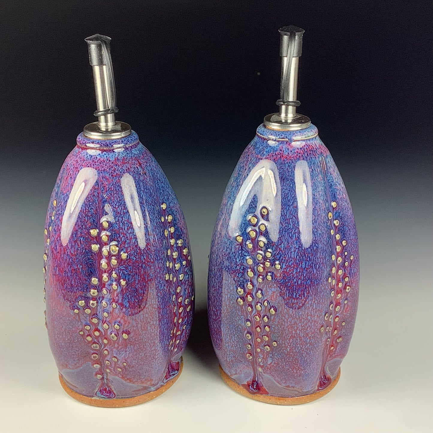 Handmade Ceramic Olive Oil Dispensers, Set of Two: Purple Red Slip Dotted Stoneware Cruet - Item 3953