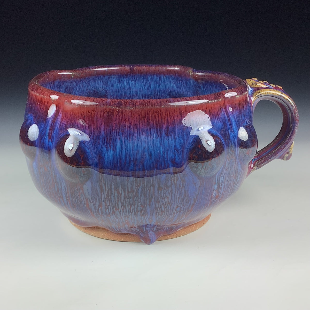 Handmade Ceramic Pottery Bowl with Handle, Red Purple Bump Glaze