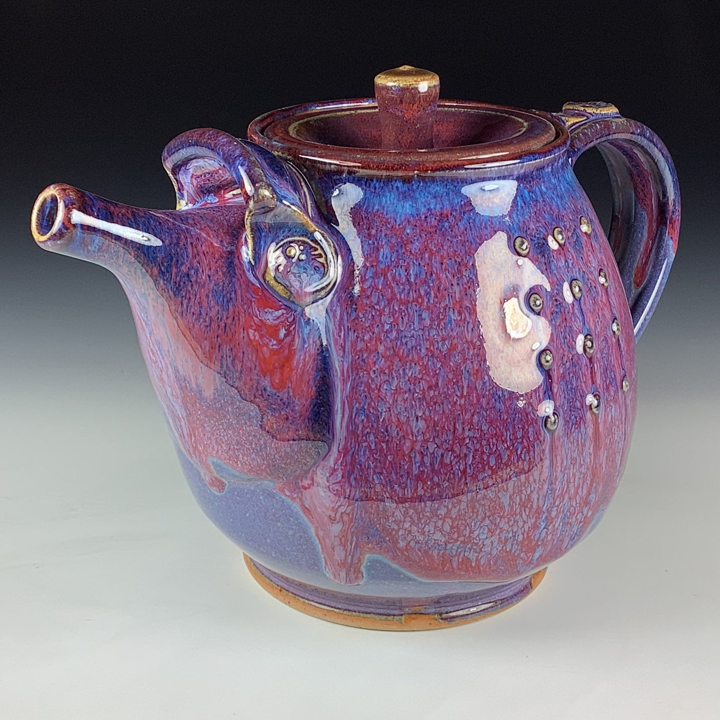 Handmade Ceramic Teapot: Purple Red Glaze, Slip Trailed Dotted Stoneware - Item 4088