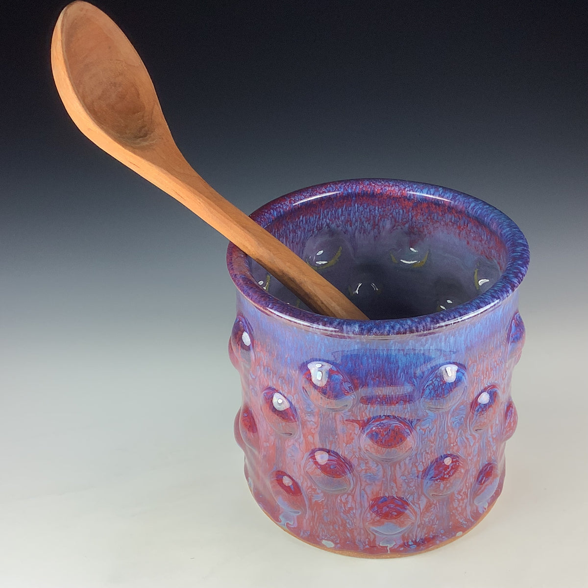 Handmade Stoneware Utensil Holder: Purple Red Glaze Bump Pottery Vase