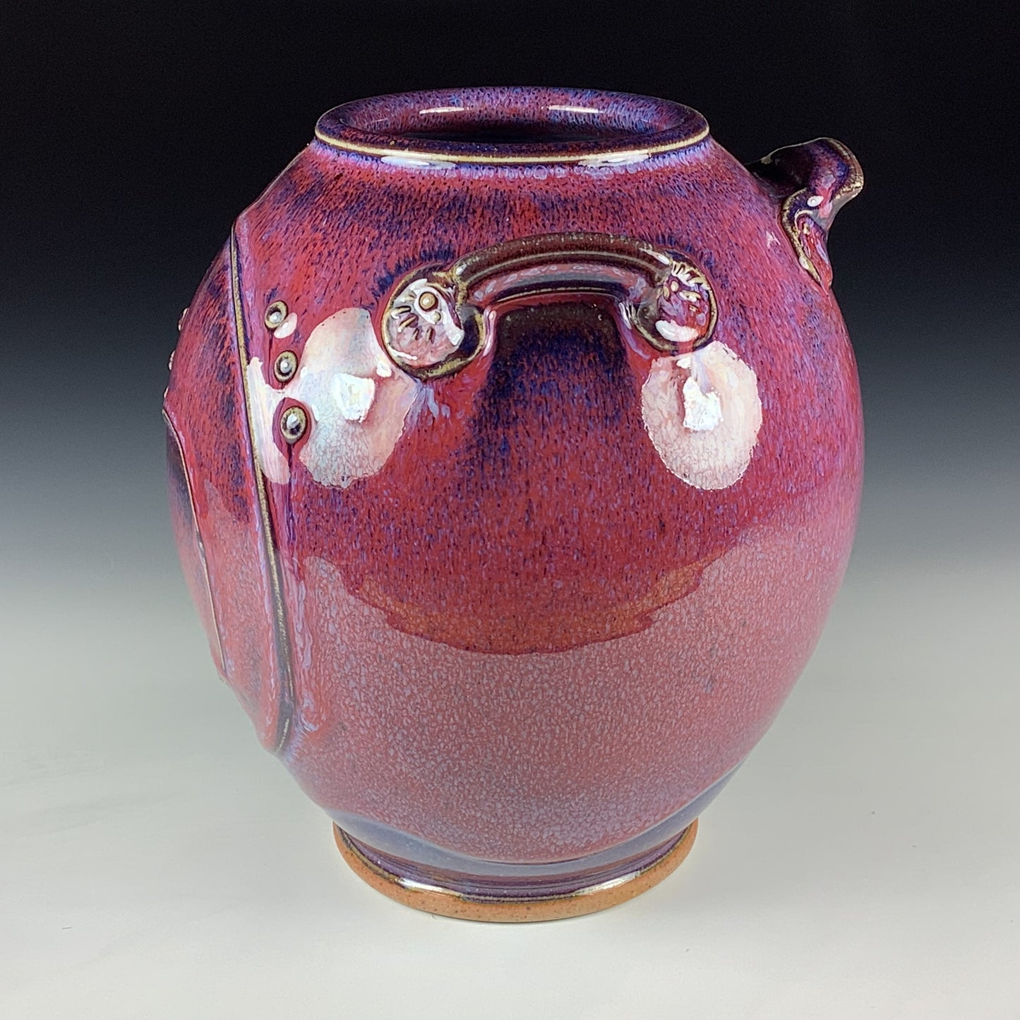 Handmade Stoneware Pottery Slip Trail Bamboo Purple Red Glaze Vase - Item 4090